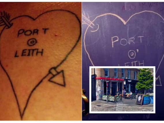 The tattoo (left), toilet door (right) and Port O' Leith (insert).