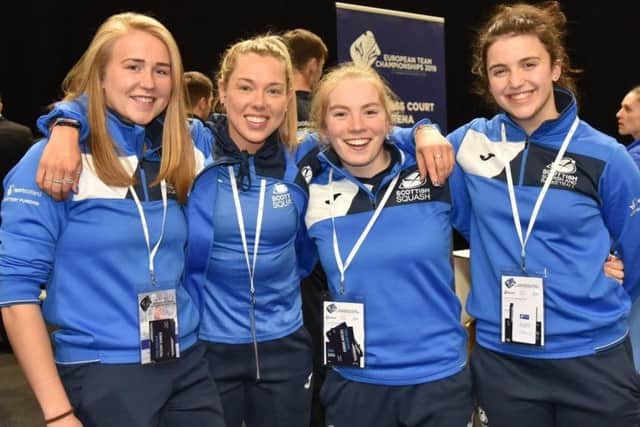 Scotland women's squash squad, left to right, Alison Thomson, Lisa 
Aitken, Katriona Allen, Georgia Adderley.