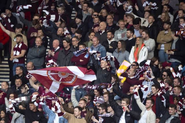 Hearts fans at Hampden as their team booked a cup final appearance with a semi-final victory over Inverness CT. Picture: SNS