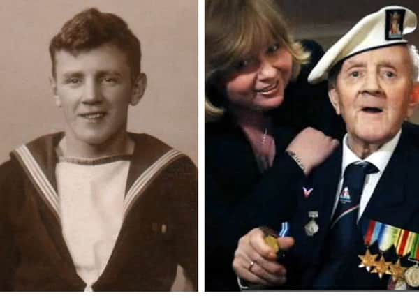 Pamela Hunter (right) will travel to Moscow to pay tribute to her father John Burns (first left and far left), who took part in the deadly Arctic  Convoys from Scotland to Russia during World War Two. PICS: Contributed.