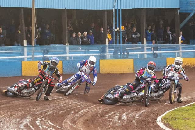 Monarchs riders Joel Anderrson, left, and Josh Pickering, second right, battle with Scunthorpe's Josh Auty and Danny Ayres. Pic: Ron MacNeill
