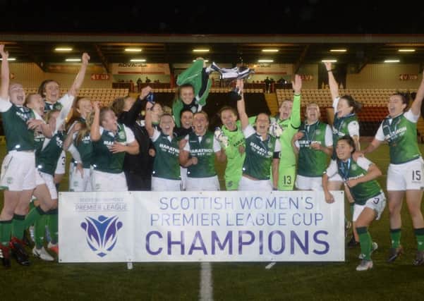 Hibs Ladies celebrate winning their fourth SWPL Cup in a row. Pic: Lorraine Hill