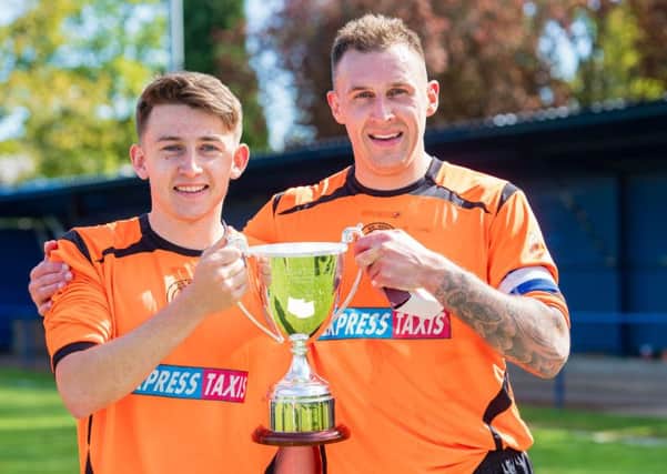 Bo'ness United goalscorer Ryan Stevenson and captain Chris Donnelly celebrate. Pictures: Ian Georgeson