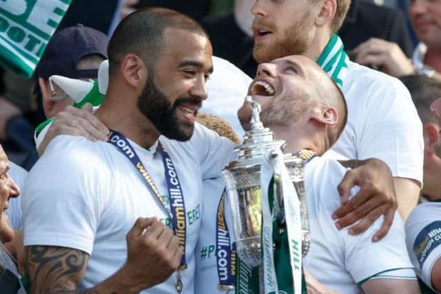 Fontaine celebrates Hibs' 2016 Scottish Cup win with David Gray
