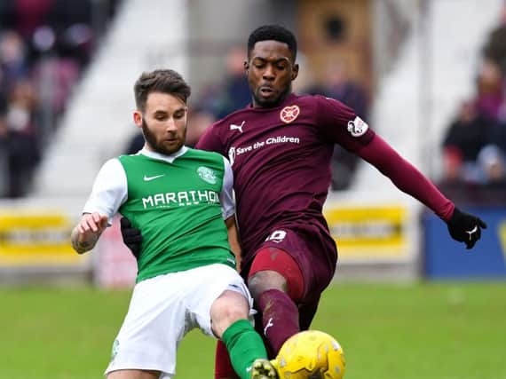 James Keatings in action for Hibs against former club Hearts. Picture: SNS