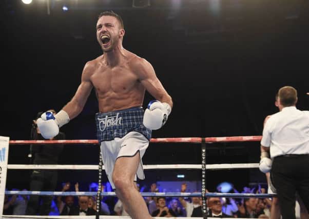 Josh Taylor celebrates after stopping Dave Ryan in the 5th round at Meadowbank Stadium.  Picture: Ian Rutherford