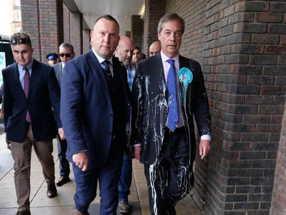 Nigel Farage had a milkshake thrown at him while in Newcastle. Picture: Getty