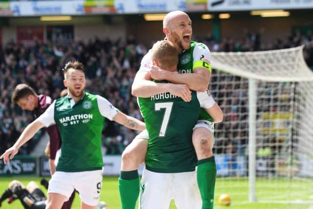 David Gray celebrates with Daryl Horgan. Pic: SNS