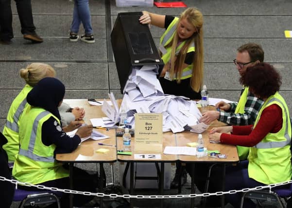 Ballot papers are counted during the European Parliamentary elections count at the International Conference Centre in Edinburgh. Picture: Andrew Milligan/PA Wire