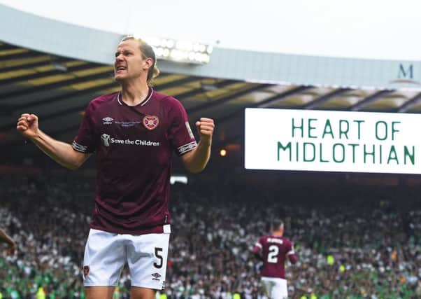 Peter Haring celebrates after Hearts went one up against Celtic at Hampden