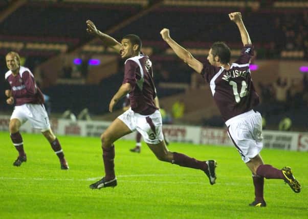 Patick Kisnorbo celebrates his goal for Hearts in a 3-1 home win against Braga in 2004