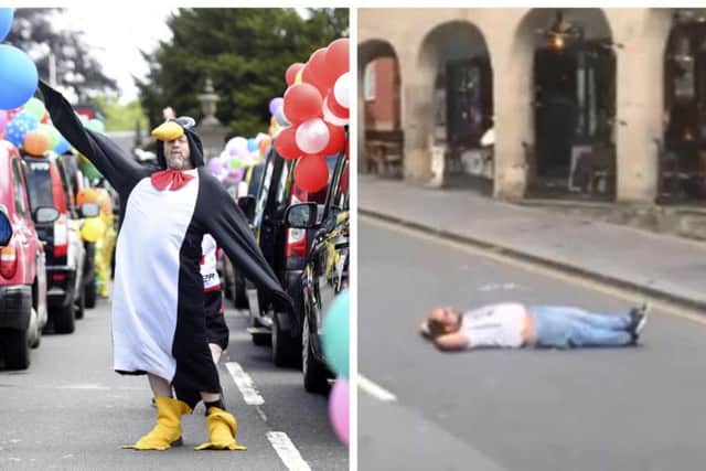 The parade (left) was halted by the one-man protest (right)