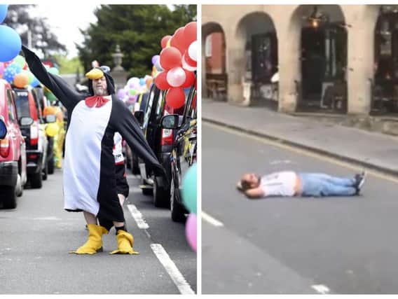 The parade (left) was halted by the one-man protest (right)