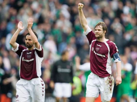 The Steven Pressley salute which Hearts fans became accustomed to. Picture: SNS