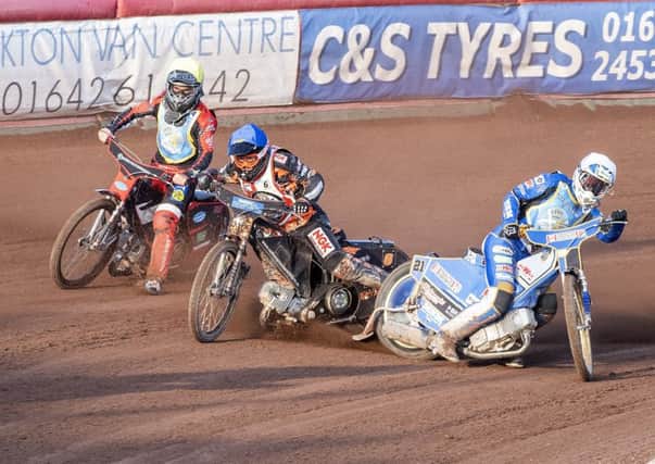 Heat 7: A close call as Nathan Greaves ( blue helmet) loses control and runs into Victor Palovaara while Joel Andersson takes avoiding action to prevent a pile up. Picture: Ron MacNeil