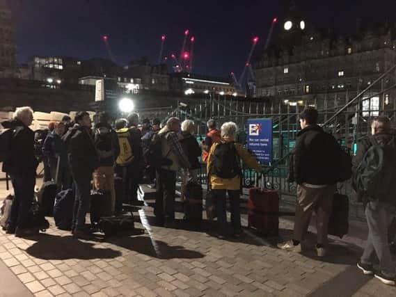 Caledonian Sleeper passengers locked out of Waverley Station. Picture: Edward Kellow