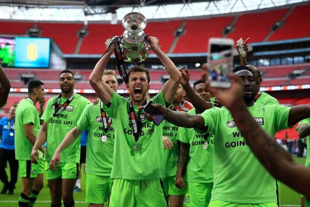 Christian Doidge celebrates Forest Green's National League play-off final win overTranmere at Wembley Stadium in 2017  Pic: Ben Hoskins/Getty Images