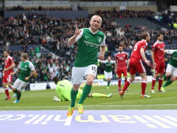 Former Hibs star Dylan McGeouch pictured scoring against Aberdeen in the 2017 Scottish Cup semi-final.