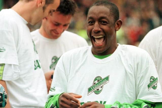 Russell Latapy enjoys Hibs' First Division title party