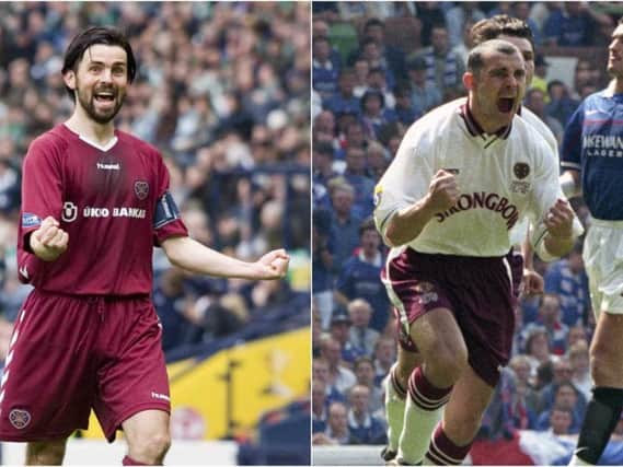 Paul Hartley (left) and Colin Cameron celebrate important goals for Hearts