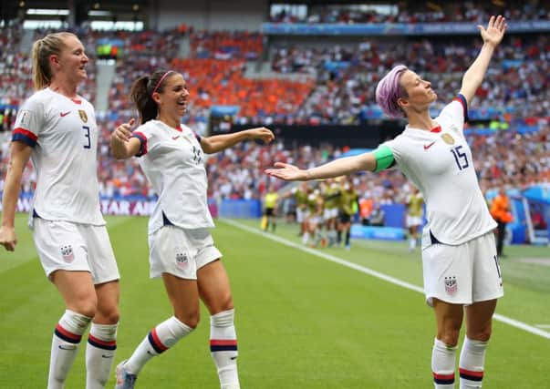 Megan Rapinoe of the USA celebrates scoring the first goal in the Womens World Cup final. Picture: Getty