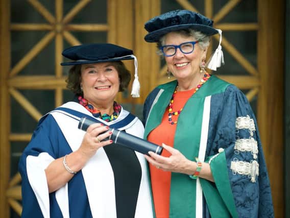 Mairi O'Keefe and Prue Leith who were awarded honorary degrees at Queen Margaret University (Photo: Queen Margaret University)