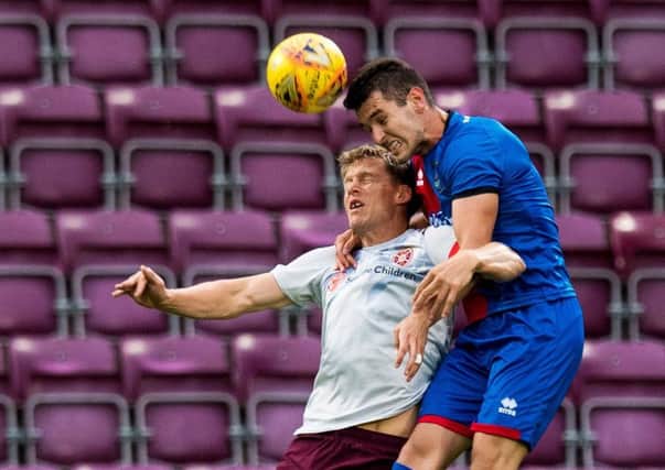 Christophe Berra competes with Nikolay Todorov during the recent Angus Beith benefit match. Picture: SNS