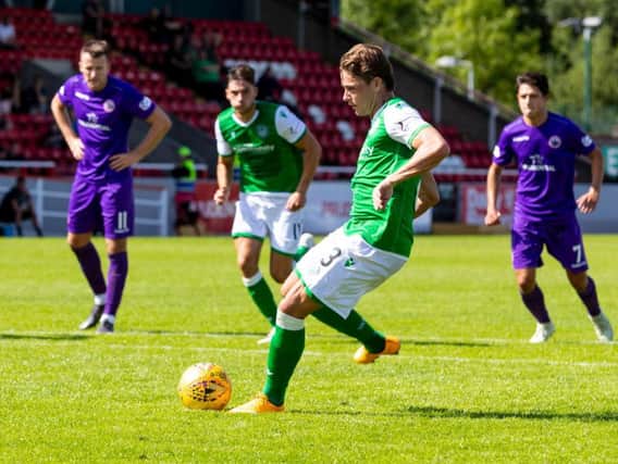 Scott Allan fires Hibs into the lead from the penalty spot against Stirling Albion
