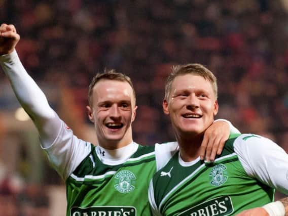 Leigh Griffiths and Garry O'Connor celebrate a goal against Dunfermline during the 2011/12 season