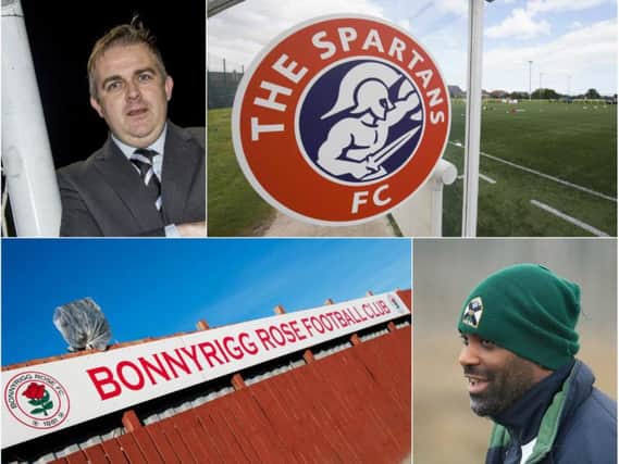 Clockwise from top left: Strollers boss Gary Jardine; Spartans' home ground; Edinburgh Uni boss Dorian Ogunro and Bonnyrigg Rose's home ground