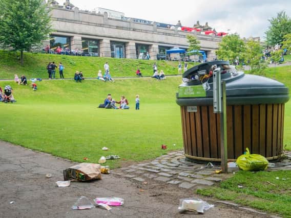 Rubbish piling up in Princes Street Gardens last summer. Picture: TSPL