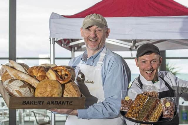 Jon Wood of Bakery Andante and Michele Russo, of traditional Sicilian confectionery brand Tipico, showcase their products ahead of the PORTA Waterfront Market launch.