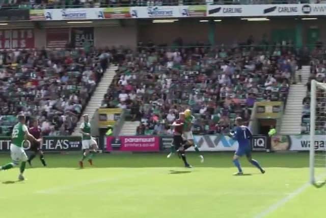 A screenshot from Hibs TV cameraman Lewis Forfar showing Kamberi onside as Newell heads the ball against the post