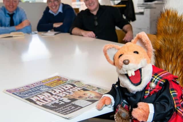 Basil Brush at morning conference, guest editing the Evening News