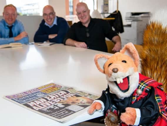Basil Brush at morning conference, guest editing the Evening News
