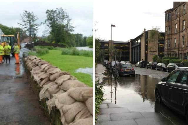 Sandbags line the riverbanks in Haddington earlier this year (Pic: Jon Savage) and flooding affects Perth Street on Wednesday (Pic: Lisa Ferguson)