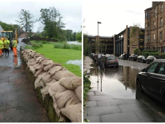 Sandbags line the riverbanks in Haddington earlier this year (Pic: Jon Savage) and flooding affects Perth Street on Wednesday (Pic: Lisa Ferguson)