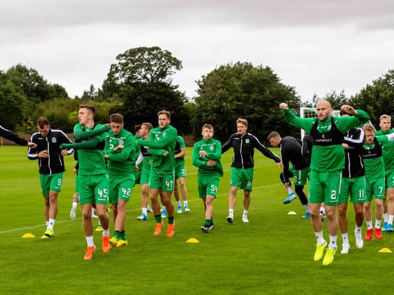The Hibs players are put through their paces ahead of Sunday's trip to face Rangers