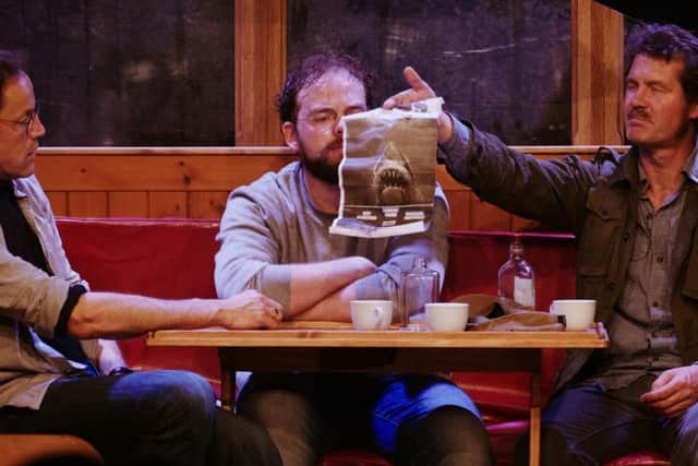 Duncan Henderson as Roy Scheider, Liam Murray Scott as Richard Dreyfuss and Ian Shaw as Robert Shaw in The Shark Is Broken