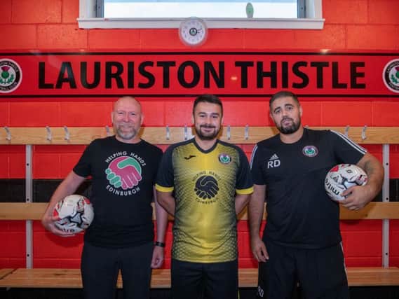 Lauriston Thistle will launch the new strip featuring charity partner Helping Hands, Jim Slaven, Defender Jordan Bruce models the kit, Ryan Dinse