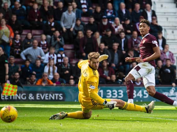 Sean Clare fires Hearts in front. Picture: SNS