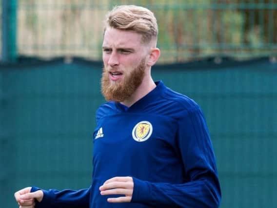 Oli McBurnie takes part in a Scotland training session at the Oriam ahead of the matches against Russia and Belgium