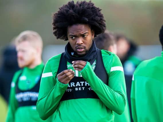 Miquel Nelom takes part in a training session at Hibs' East Mains training complex