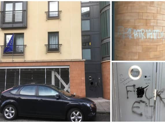 Vandals left graffiti on the entrance door to the block of flats in Castle Wynd. Pic: Anne Balfour.