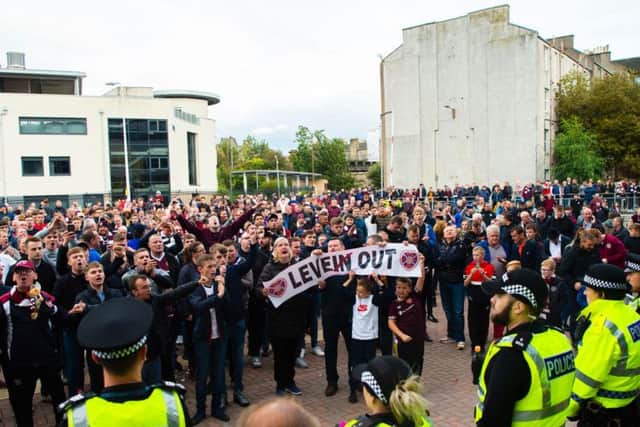 Hearts fans voice their displeasure after the game. Picture: SNS