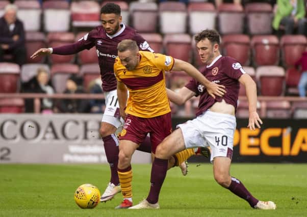 Hearts' Jake Mulraney, left, tries to win possession. Pic: SNS