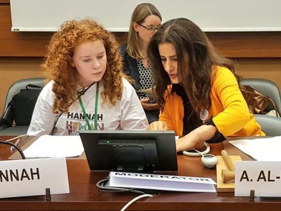 Hannah Richardson, from Tranent with UN Committee Member on the Rights of the Child Amal Al-Dossari.