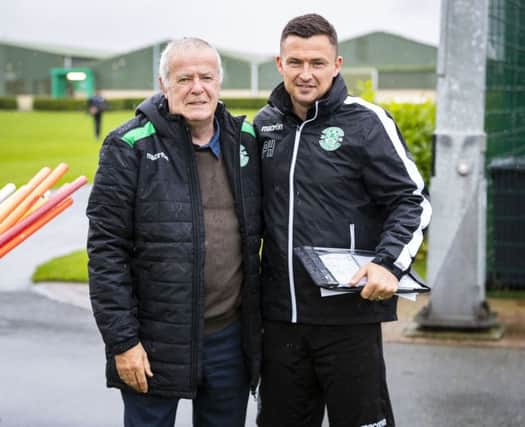 Pat Stanton, who will be guest of honour at today's match, attended Hibs training with manager Paul Heckingbottom
