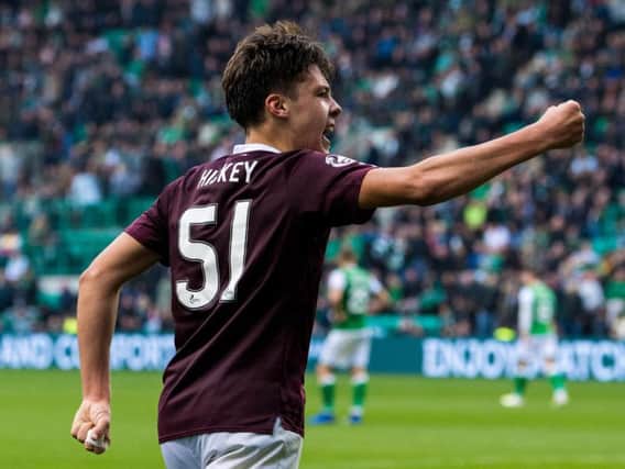 Aaron Hickey celebrates after scoring Hearts' winner at Easter Road