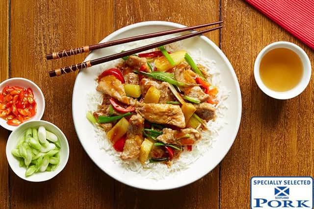 A healthy sweet and sour pork dish.